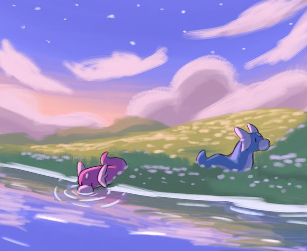 illustration of two dratinis, one of which is shiny, in a field by a river. the shiny dratini drinks from the river, while the other wanders off.